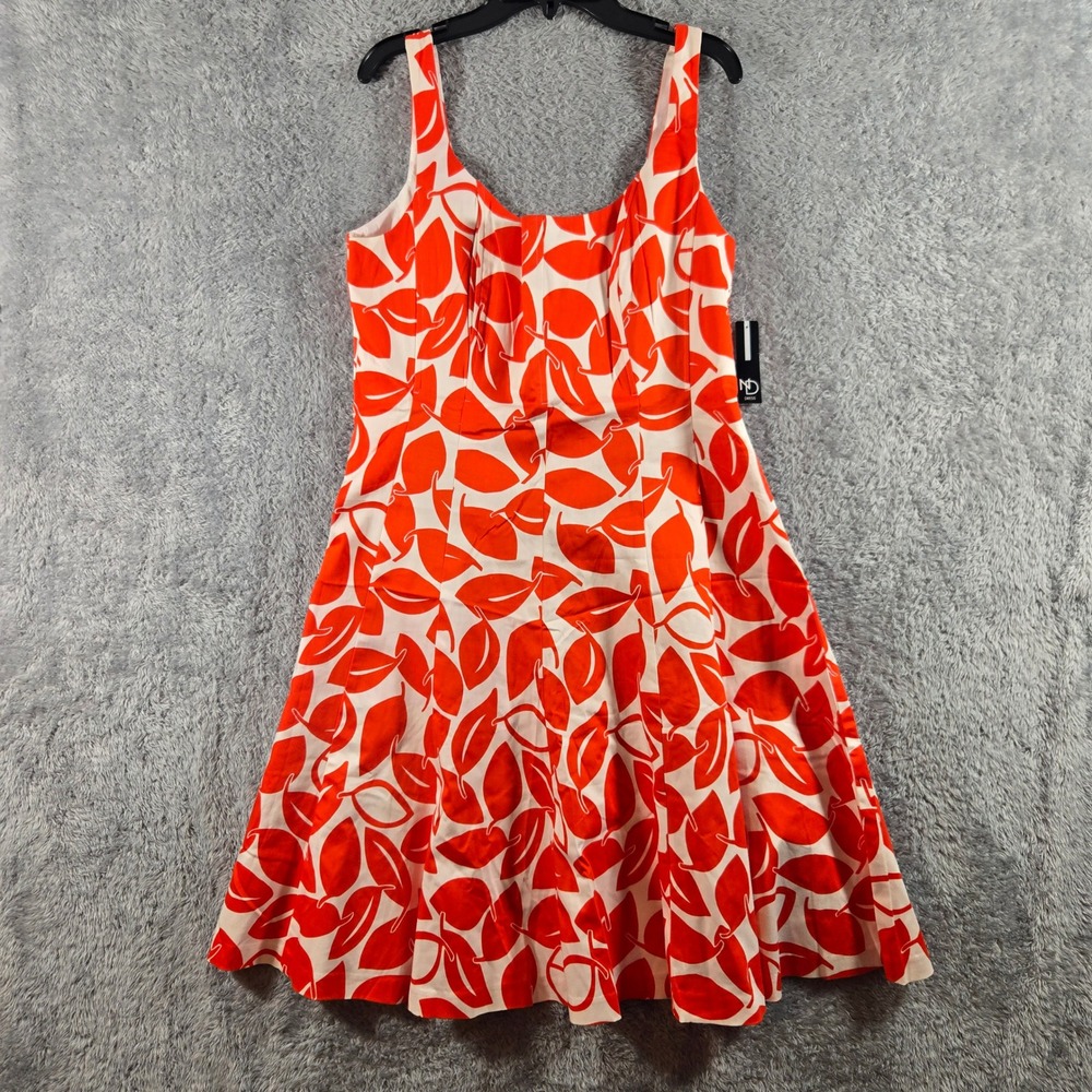 New Directions Orange White Leaf Print Fit Flare Dress Size 14 Sleeveless Midi